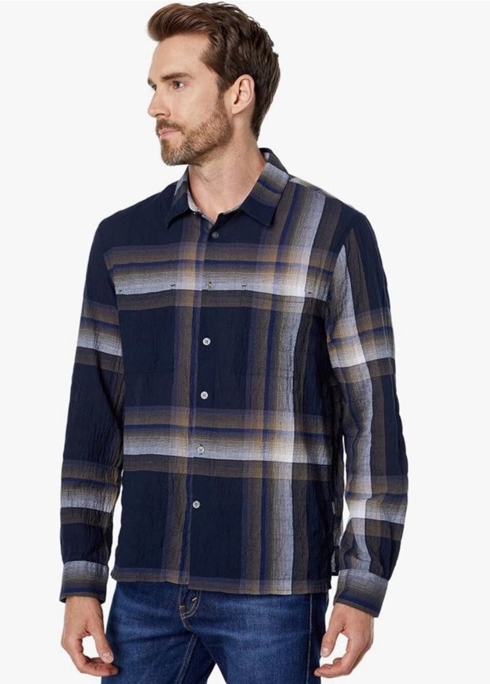 John Varvatos Cole Plaid Long Sleeve Button Up Shirt Men’s XL Navy Blue Gorpcore